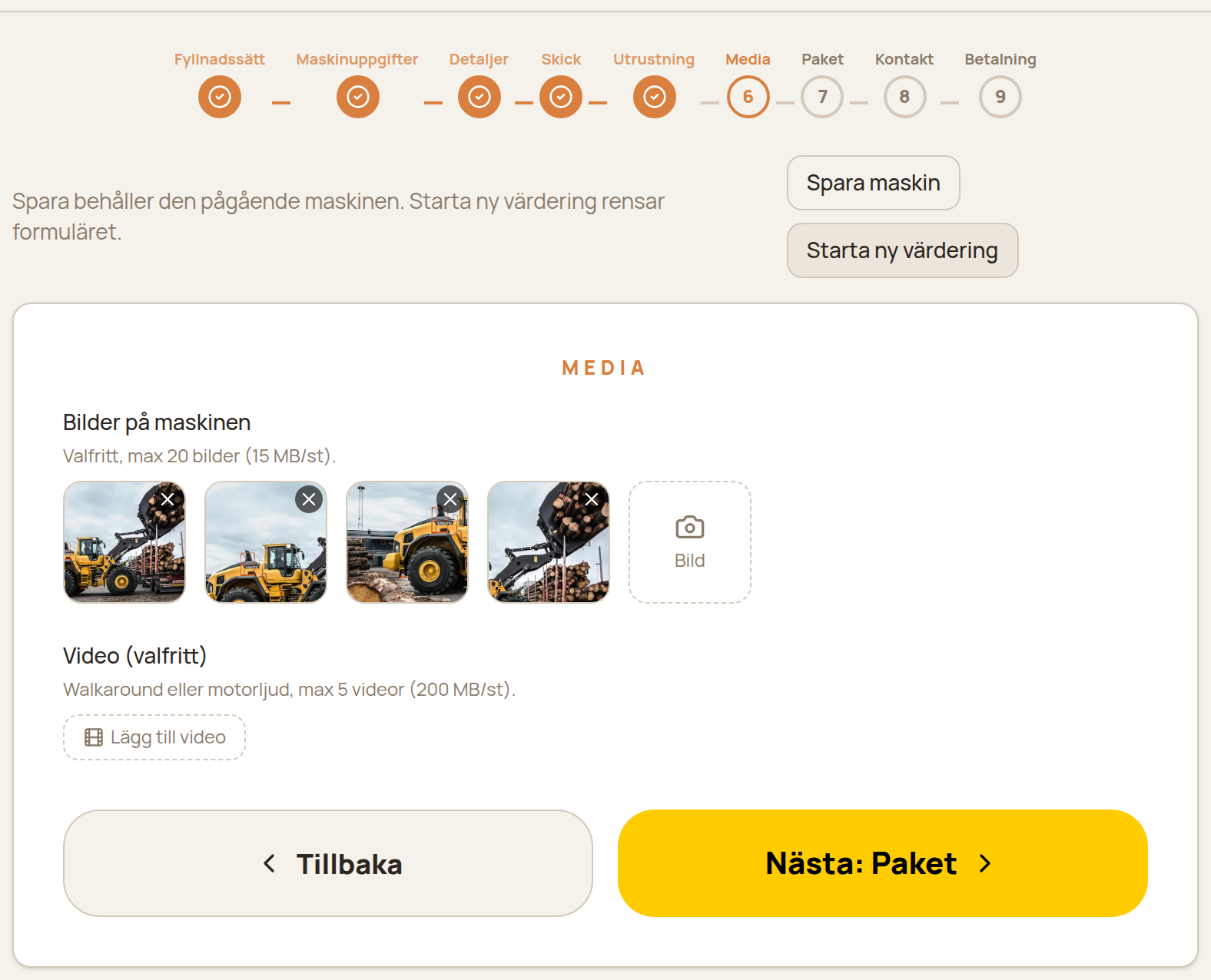 Mediasteget med fyra uppladdade bilder av hjullastaren: sida, hytt, hjul och lyftarm.